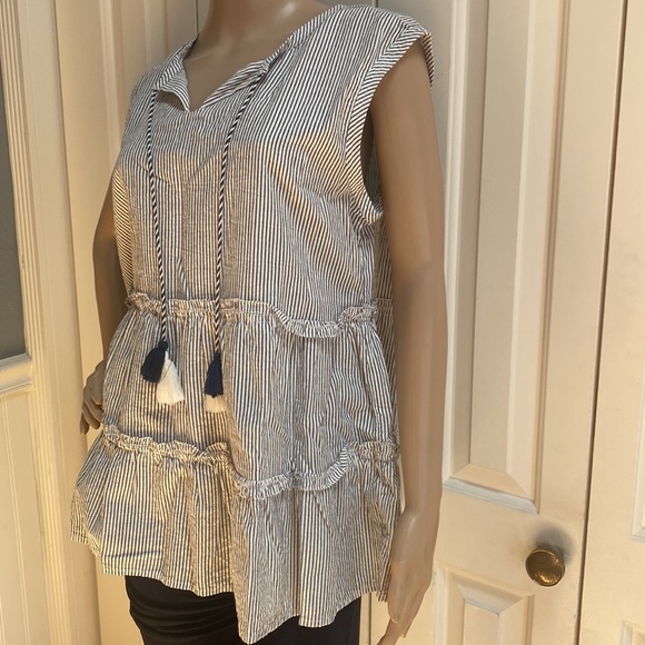 NWT Caslon Womens L Striped Sleeves Blouse. Ruffles. Cute neckline. Pom poms. - Picture 5 of 12